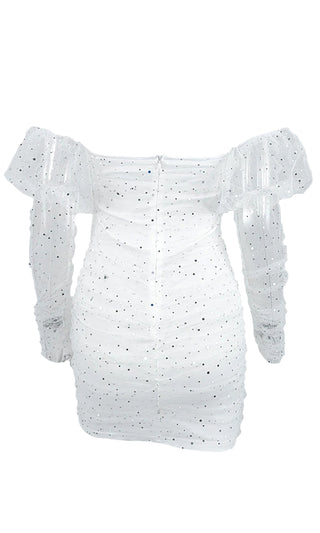 Day Of Beauty White Sheer Mesh Puff Long Sleeve Off The Shoulder V Neck Sequin Bodycon Mini Dress