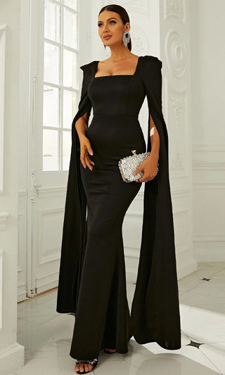 Elegant Moment<br><span> Black Slit Long Sleeve Square Neck Mermaid Maxi Dress</span>