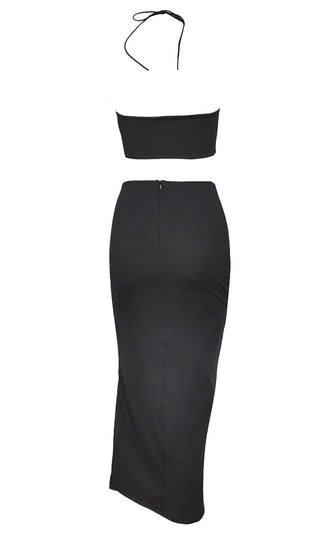 Sexy Moment Black Sleeveless Spaghetti Strap Ruched Cut Out Crop Top Side Slit Midi Skirt Two Piece Dress