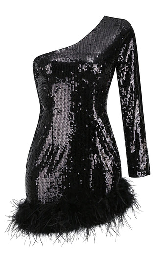 Flaunting It <br><span>Black Sequin Feather Long Sleeve One Shoulder Asymmetrical Bodycon Mini Dress</span>