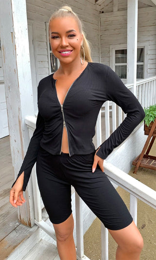Make You Crazy Long Sleeve Round Neck Zip  Top Bodycon Ribbed Biker Short Two Piece Romper Set