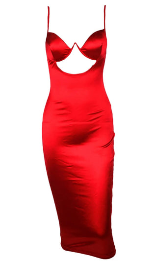 Stand Up Red Satin Sleeveless Spaghetti Strap V Neck Cut Out Waist Bodycon Midi Dress