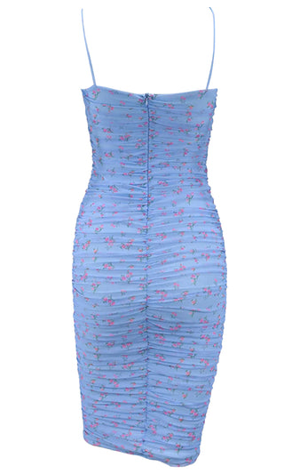 Natural Emotions Blue Floral Pattern Mesh Sleeveless Spaghetti Strap Square Neck Ruched Bodycon Casual Midi Dress