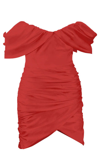 Sweet Temptations Red Off the Shoulder Strapless Short Sleeve Satin Draped Ruched Body Con Tulip Hem Mini Dress