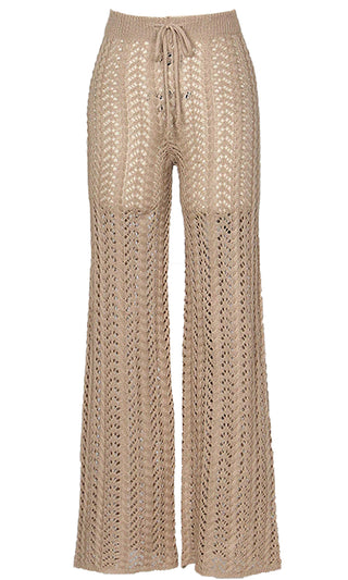 Bohemian Chic <span><br>Beige High Waisted Crochet Knit Drawstring Sheer Flare Pants<br>