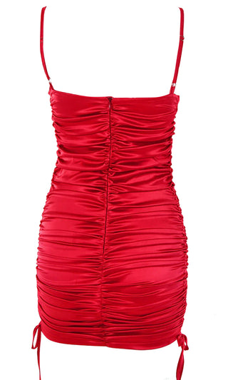 Call Out My Name Rose Red Satin Sleeveless Spaghetti Strap Sweetheart Neckline Swiss Dot Lace Trim Ruched Drawstring Bodycon Mini Dress