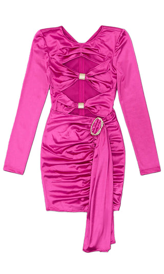 Oh What A Feeling <br><span>Fuchsia Pink Satin Long Sleeve V Neck Cut Out Bodice Ruched Bodycon Mini Dress</span>