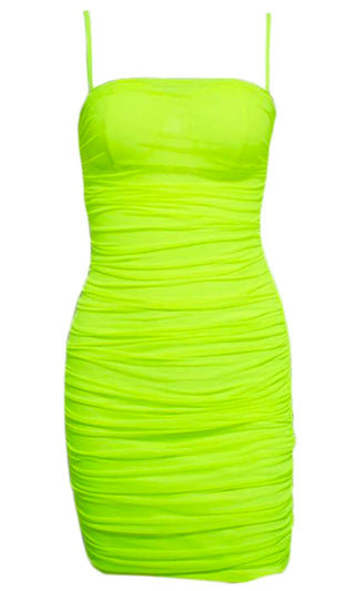 Light Bright Neon Green Sheer Mesh Sleeveless Spaghetti Strap Straight Neckline Ruched Bodycon Mini Dress