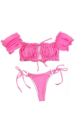 A Stroll On The Beach <br><span> Pink Short Sleeve Off The Shoulder Ruched Ruffle Cut Out Bandeau Top Brazilian Bikini Two Piece Swimsuit <span>
