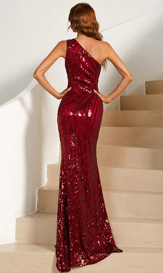 No Time Like Now <br><span>Red Sequin Sleeveless One Shoulder Cut Out Bust High Slit Maxi Dress</span>