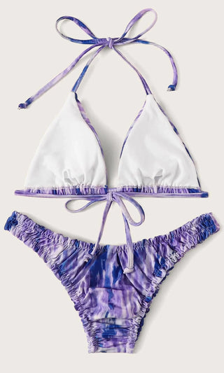 Beach Kitten <br><span> Purple Tie Dye Spaghetti Strap Triangle Top Ruffle High Cut Brazilian Bikini Two Piece Swimsuit </span>