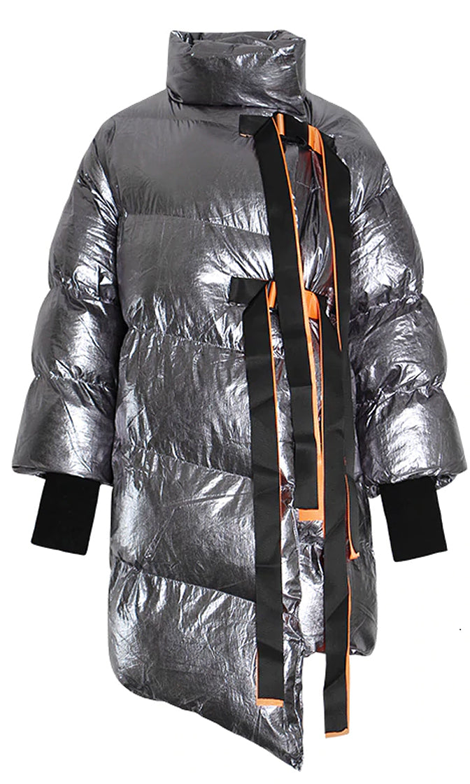 Armored Up , Silver Long Sleeve Down Quilted Oversized Ribbon Trim  Asymmetric Puffy Winter Coat Outerwear