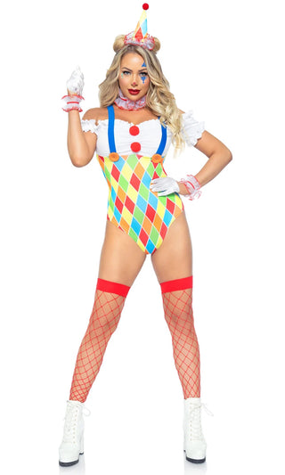 Being A Clown <br><span>Multicolor Diamond Geometric Pattern Ruffle Off The Shoulder Suspender Bodysuit Hat and Ruffles Four Piece Halloween Costume</span>