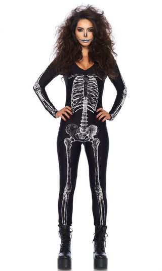 See Through Me<br><span> Black White Skeleton Long Sleeve V Neck Bodycon Skinny Catsuit Jumpsuit Halloween Costume</span>