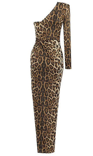 Matter Of Time <br><span> Leopard Print Animal Pattern One Shoulder Long Sleeve Ruched Side Slit Bodycon Maxi Dress</span>