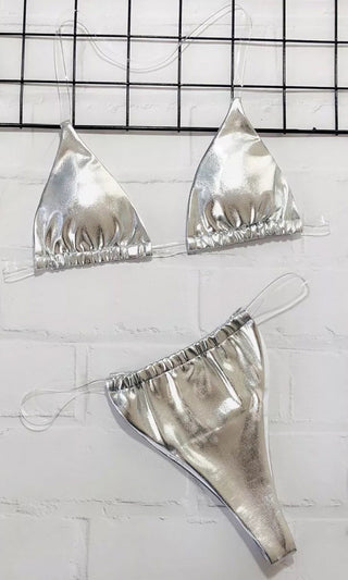 Breathing Underwater Silver Clear Strap Triangle Top Thong Bikini Two Piece Swimsuit