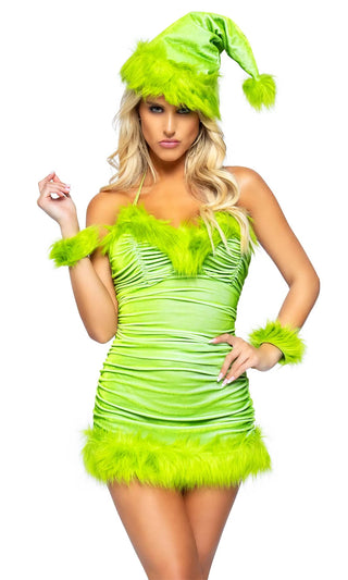 Holiday Hottie <br><span>Neon Green Velvet Faux Fur Sleeveless Spaghetti Strap V Neck Ruched Bodycon Mini Dress Three Piece Halloween Costume Set</span>
