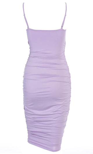 Main Squeeze Light Purple Ruched Sleeveless Spaghetti Strap V Neck Twist Knot Bodycon Midi Dress