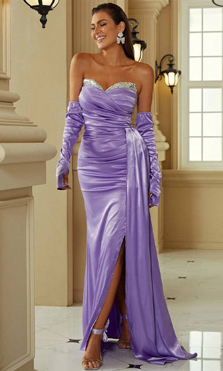 Plum Perfect <span><br> Purple Satin Strapless Rhinestone Sweetheart Neck Draped Side Slit Maxi Dress</span>