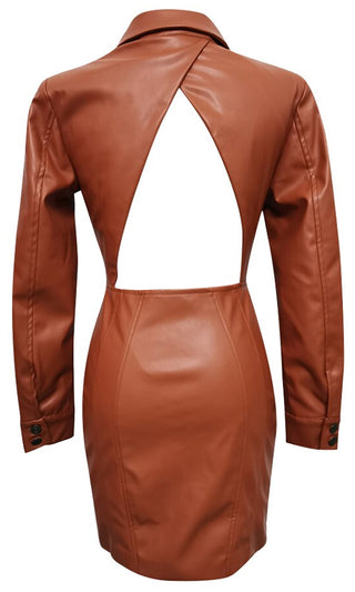 Lightning Strikes Again Brown PU Faux Leather Long Sleeve Button Collar Cut Out Back Bodycon Mini Dress