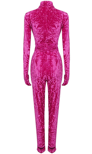 Ready To Slay <br><span>Fuchsia Pink Velvet Long Sleeve Gloves Mock Neck Bodycon Jumpsuit</span>