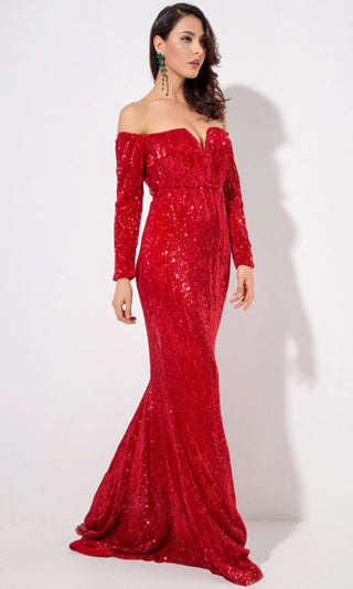 Time To Sparkle <br><span> Red Sequin Long Sleeve Off The Shoulder V Neck Mermaid Maxi Dress</span>