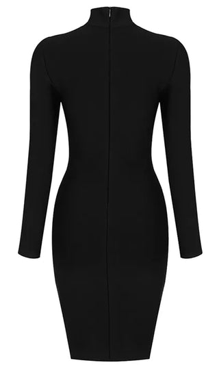 Second To None<br><span> Black Long Sleeve Sheer Mesh Cut Out Mock Neck Bandage Bodycon Mini Dress</span>