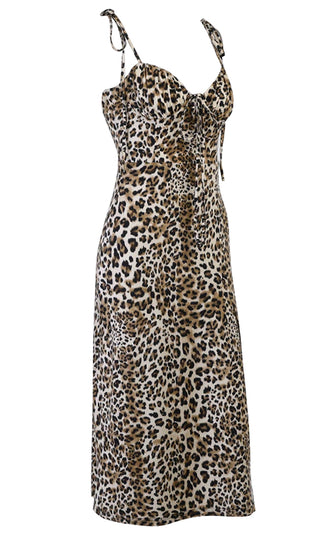 Fiercely Wild Leopard Print Animal Pattern Sleeveless Spaghetti Tie Strap V Neck Side Slit Midi Dress