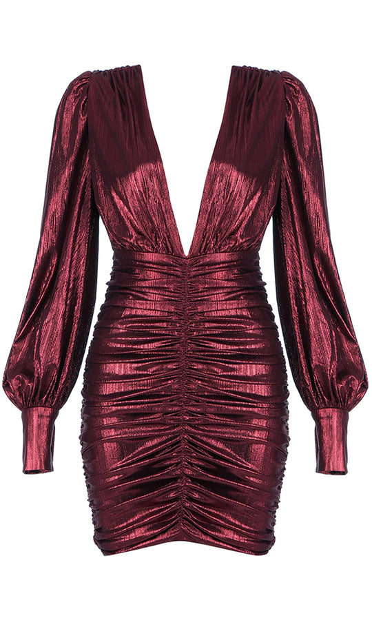 Let Your Hair Down Wine Red Metallic Long Lantern Sleeve Plunge V Neck Ruched Bodycon Mini Dress