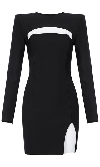 Rosé Attitude , Black Bandage Cut Out High Neck Long Sleeve Slit Bodycon  Mini Dress