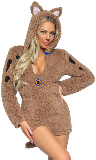 Mystery Pup <br><span>Brown Animal Pattern Long Sleeve Faux Fur Hood Zip Romper Halloween Costume</span>