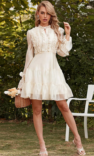 Object Of Affection <span><br>Apricot Long Lantern Sleeve Tiered Ruffle A Line Flare Mini Dress</span>