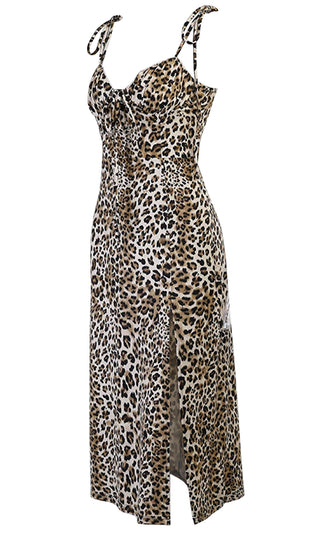 Fiercely Wild Leopard Print Animal Pattern Sleeveless Spaghetti Tie Strap V Neck Side Slit Midi Dress