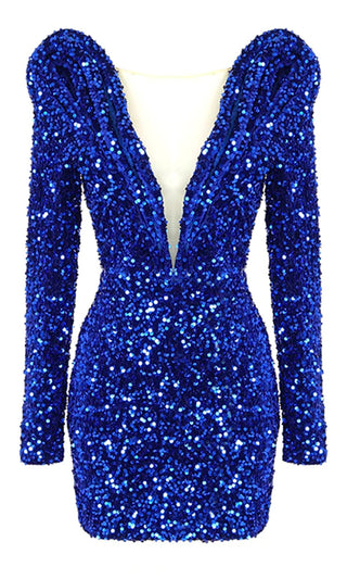 Light Up The Night <br><span>Royal Blue Sequin Long Sleeve Puff Shoulder Plunge V Neck Bodycon Mini Dress</span>