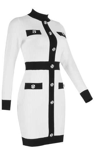 Best Of Everything White Black Ribbed Long Sleeve Round Neck Button Bodycon Mini Dress