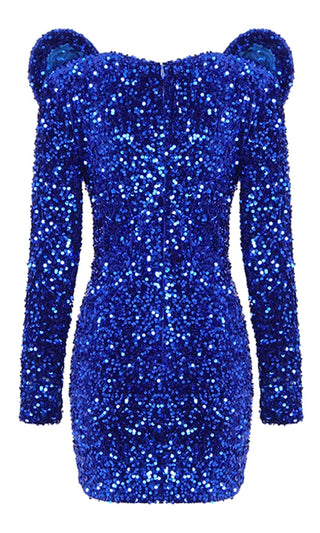 Light Up The Night <br><span>Royal Blue Sequin Long Sleeve Puff Shoulder Plunge V Neck Bodycon Mini Dress</span>