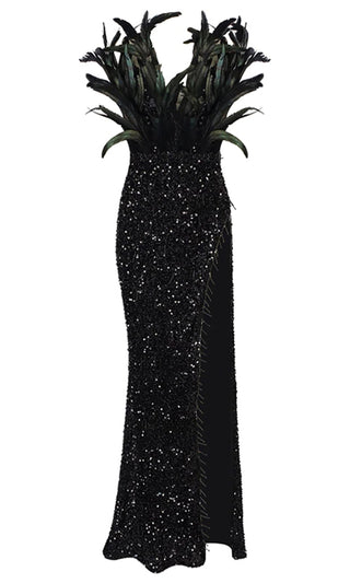 Wicked Ways <br><span>Black Sequin Feather Sleeveless V Neck Side Slit Bodycon Maxi Dress</span>
