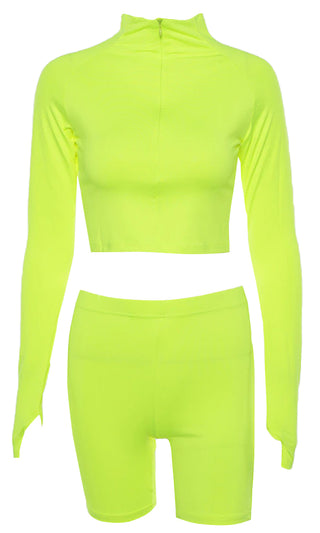 Motivated Af Neon Lime Stretch Long Sleeve V Neck Zip Top Biker Short Two Piece Romper Set