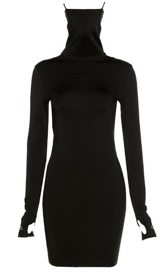 From Top To Bottom Black Long Sleeve Thumb Hole High Neck Face Mask Bodycon Mini Dress
