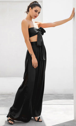 Indie XO In The Lead Gray Silky Strapless Tie Front High Waist Palazzo Jumpsuit Pants