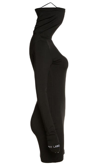 From Top To Bottom Black Long Sleeve Thumb Hole High Neck Face Mask Bodycon Mini Dress