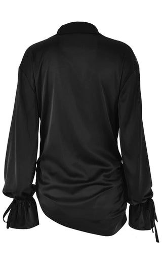 Secret Ideas <br><span>Black Long Sleeve Plunge V Neck Collar Drape Twist Blouse Top</span>