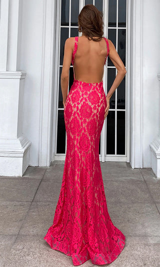 Lost In The Moment <br><span>Hot Pink Lace Sleeveless High Neck Halter Backless Mermaid Maxi Dress</span>