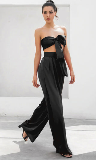 Indie XO In The Lead Black Silky Strapless Tie Front High Waist Palazzo Jumpsuit Pants