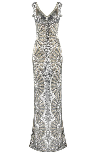 Dressed To The Nines Silver Sequin Geometric Pattern Cut Out Sleeveless V Neck Bodycon Maxi Dress