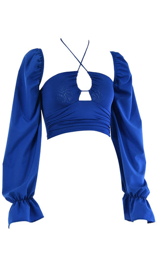 Baby Girl <br><span>Blue Long Sleeve Keyhole Cut Out Halter Tie Lantern Cuff Crop Blouse Top</span>