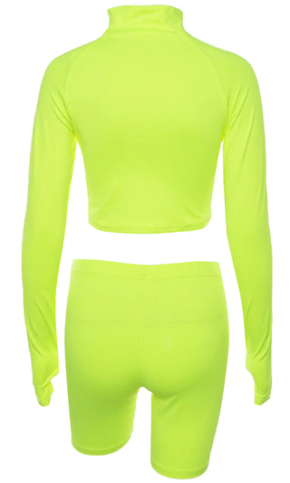 Motivated Af Neon Lime Stretch Long Sleeve V Neck Zip Top Biker Short Two Piece Romper Set