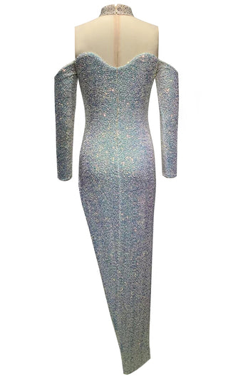 Movie Magic <br><span>Silver Sequin Rhinestone Crystal Long Sleeve Off The Shoulder Sheer Mesh High Neck Cut Out Side Maxi Dress</span>