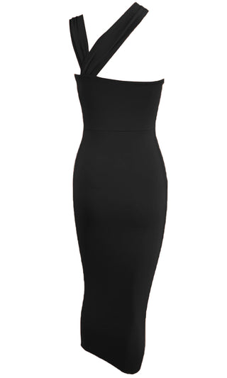 Love Me Right Black Side Cut Out One Shoulder Bandage Sleeveless Bodycon Wrapped Shoulder Pencil Midi Dress