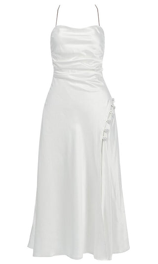 World At My Fingertips <br><span>White Satin Sleeveless Lace Up Cut Out Back Spaghetti Strap Cowl Neck Button Trim Midi Dress</span>